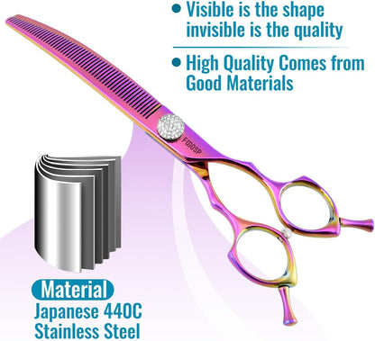 Professional Curved Thinning Shears Dog Grooming Scissors 7.5'' Rainbow Curved Thinner Scissors for Grooming Large Dogs Pet 56 Teeth Japan 440C(Curved Thinner,Rose Red)