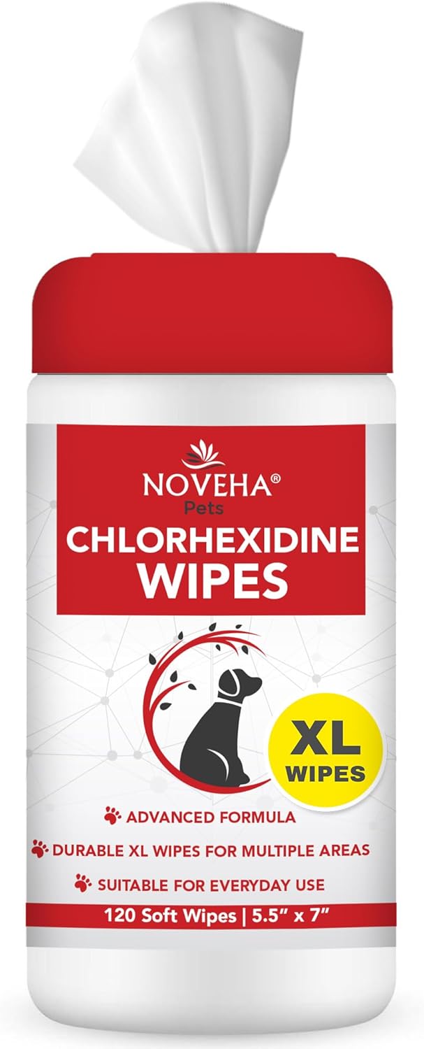 NOVEHA 120PCs XL Formulated Pet Wipes for Dogs & Cats - Safe for Facial & Finger Folds, Underarms, Groin, Hot Spots, Redness & Skin Relief, On-The-Go Size 5.5" x 7"