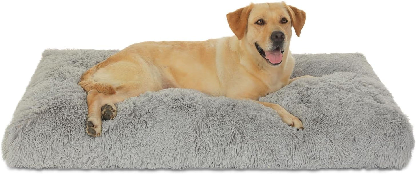 Bedfolks Waterproof Crate Bed, Plush Pad With Removable Cover, Faux Fur for XXL Dogs, Fluffy Washable Kennel Bed 47"x29", Solid Light Grey