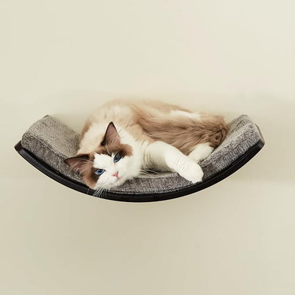 Cat Shelf with Comfortable Cushion - Curved Modern Cat Bed (Large Size) - Lotus Leaf Design Cats Wall Perch - Wall Mounted Cats Furniture for Sleeping, Playing, Climbing, and Lounging, Walnut
