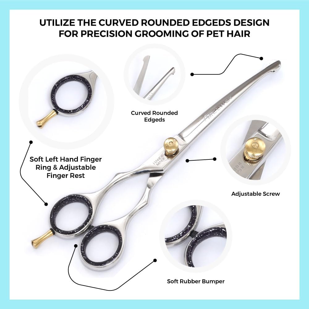 Left-Handed Pet Grooming Scissors Set Pro-Grade Curved Shears for Dogs Cats - Precision Crafted Sharp Blades Comfort Grip - Ideal for Cutting Curving Thinning (LH Round Tip Curved)
