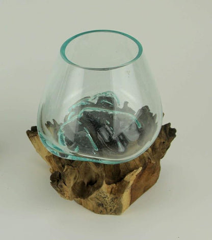 Clear Molten Glass On Teak Driftwood Base Decorative Bowl Vase Terrarium Planter