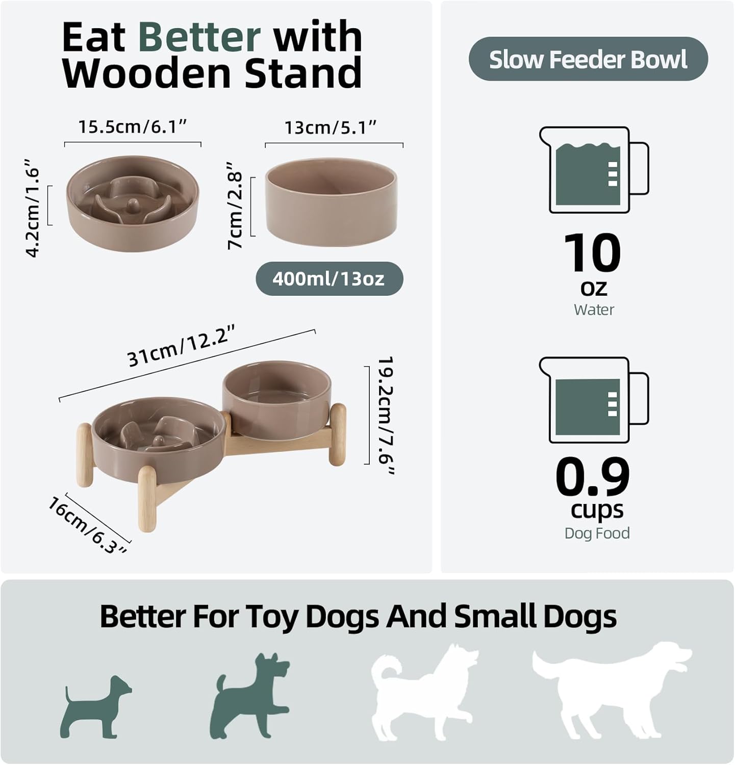 Ceramic 0.9 Cup Raised Slow Feeder Dog Bowl Set, Elevated 5.1inch Water Bowl and 6.1inch Puzzle Slow Pet Food Dish with Wooden Stand for Small Dog and Cat (2 x Brown Coffee+ Stand)