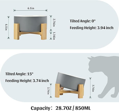 SPUNKYJUNKY 15° Slanted Ceramic Dog and Cat Bowl with Wooden Stand, Tilted Bulldog Food and Water Bowl No Slip Non-Spill for Cats Medium Dogs Big Face Pets 28.7 OZ (3.6 Cups, White-Grey)