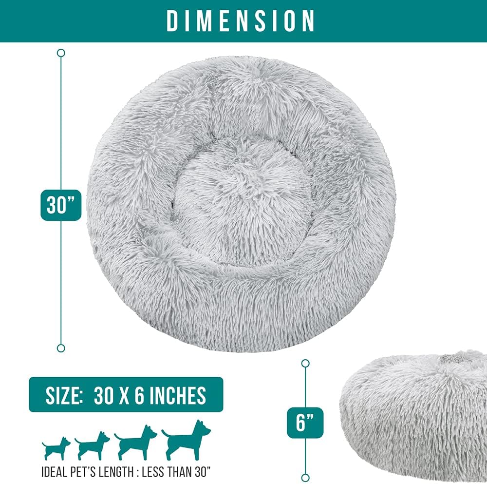 PetAmi Calming Dog Bed for Small Medium Dogs and Cats, Round Donut Washable Fluffy Faux Fur Plush Cuddler Pet Kitten Cushion, Anti-Slip, Fits up to 45 lbs, 30 inch, Light Gray