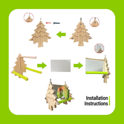 Bird Toys, Wooden Swing with Mirror and Perches for Cage, Bird Cage Accessories for Budgie, Lovebird, Green Cheek, Cockatiel, Conure, Quaker, Caique and Other Small to Medium Birds