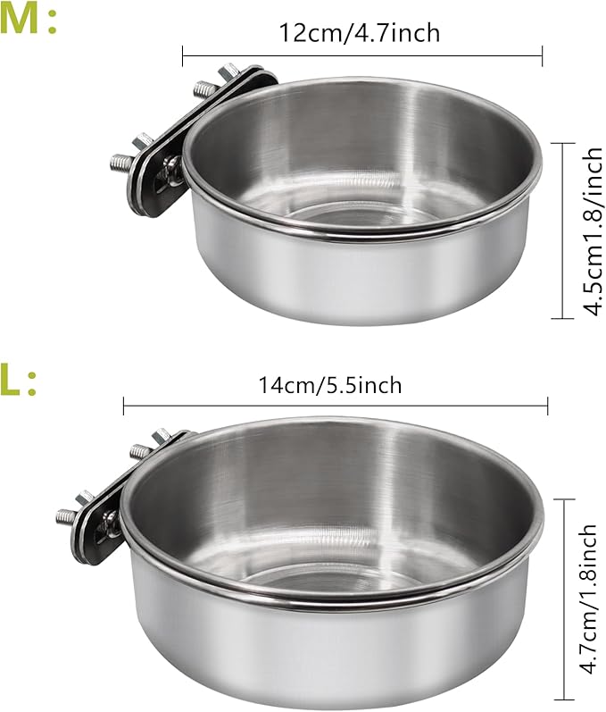 Medium+Large Bird Feeding Dish Cups,Parrot Food Bowl Cage with Clamp Holder Stainless Steel,Birdcage Coop Water Feeder for Cockatiel Parakeet Macaw Finches Lovebirds Small Animals (1 Pack, M+L)
