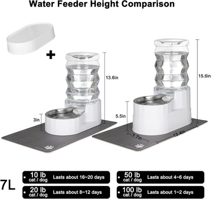 RIZZARI Pet Waterer Gravity Dispenser: White 7L Raised Bowl Feeder - Stainless Steel Anti-Leak Design - for Cats/Dogs Travel
