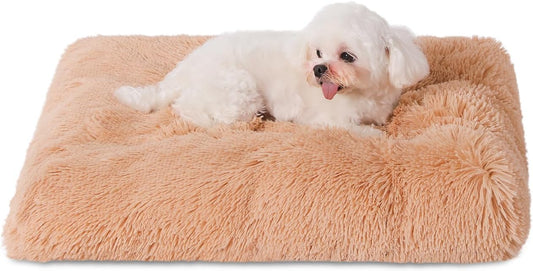 Bedfolks Waterproof Dog Crate Bed,Plush Dog Bed with Removable Washable Cover,Faux Fur Dog Crate Pad for Small Dogs and Cats,Fluffy Dog Kennel Bed 21"x13",Solid Camel