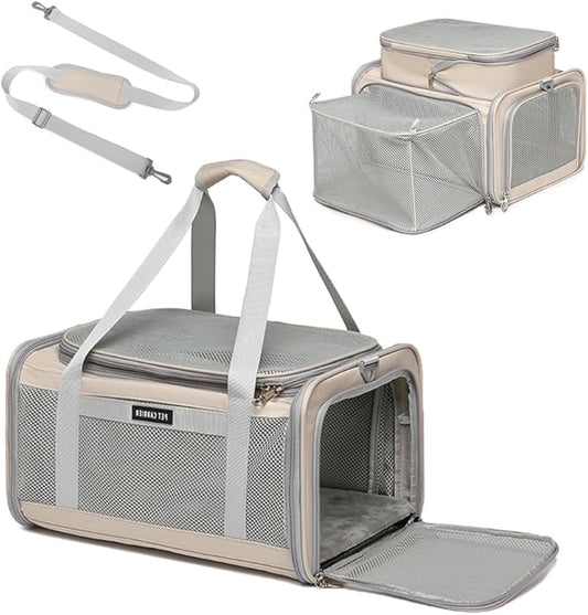 Airline Approved Pet Carrier for Cats and Small Dogs up to 15 lbs, Breathable Mesh, Portable Travel Bag for Bearded Dragon, Puppies Animal Hangbag, Rabbit Cage (Khaki, Expandable)