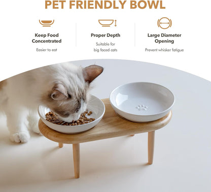 Raised Ceramic Wide Whisker Friendly Cat Dishes, Anti-Slip Food& Water Bowl with 2 Style Stand Adjustable Pet Bowl Set(2Dish+Stand, White)