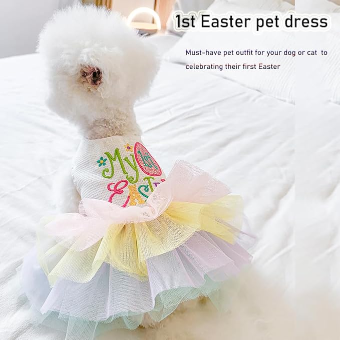 ANIAC Happy 1st Easter Dog Dress Girl Holiday Puppy Clothes for Small Dog Easter Cat Outfit Eggs Print Rainbow Doggy Princess Tutu Dress Pet Clothing (Large)