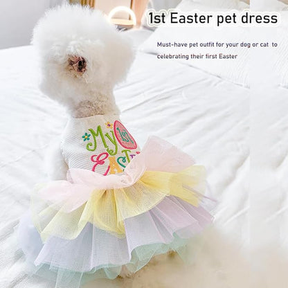 ANIAC Happy 1st Easter Dog Dress Girl Holiday Puppy Clothes for Small Dog Easter Cat Outfit Eggs Print Rainbow Doggy Princess Tutu Dress Pet Clothing (Large)