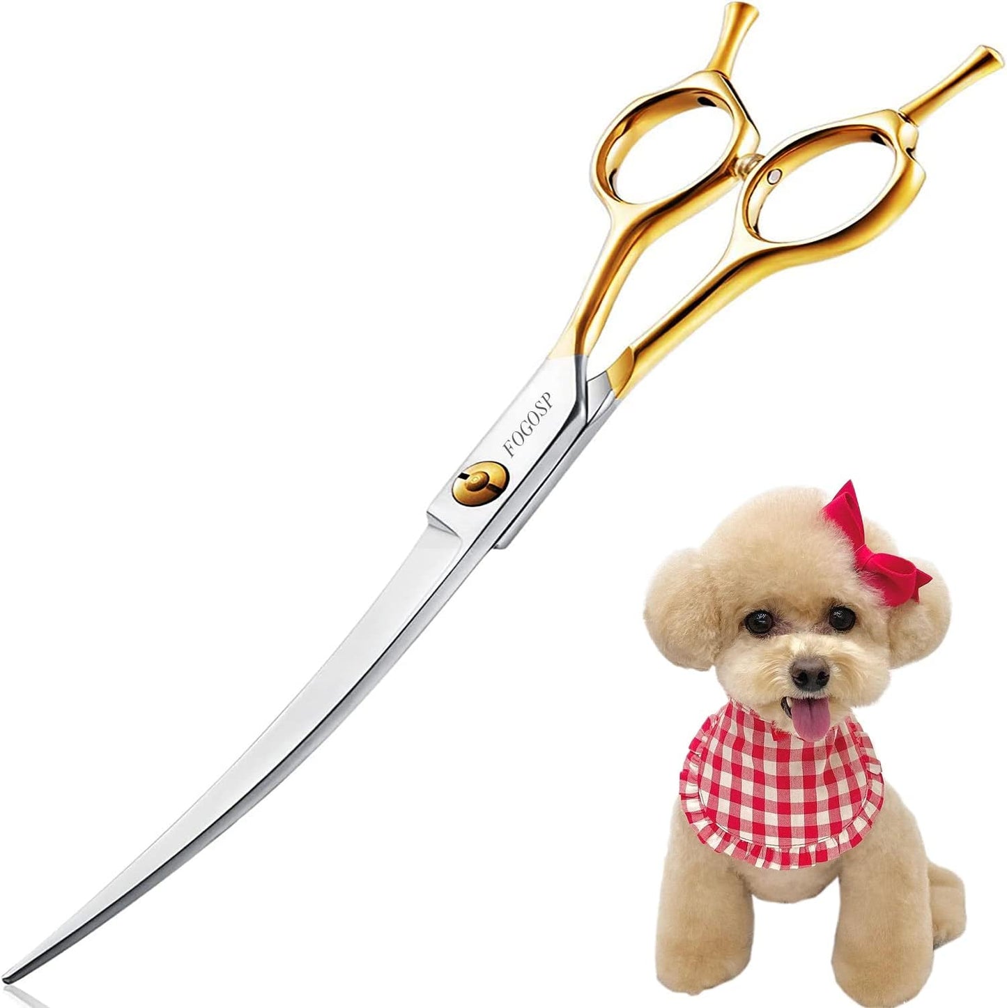 Curved Dog Grooming Scissors Professional 7" Grooming Shears for Dogs Pet Right Handed Groomer Japan 440C Stainless Steel (7 in Curved, Gold)