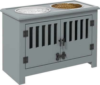 PawHut Large Elevated Dog Bowls with Storage Cabinet - 37L Capacity, Raised Dog Bowl Stand Feeding Station, Gray