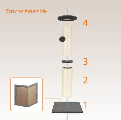 PAWSCRAT Cat Scratching Post 32" Tall, Large Diameter Natural Sisal Cat Scratch Post with Dangling Ball, Scratch-Resistant and Durable Tall Cat Scratcher for Indoor Cats, Protect Your Furniture, Grey
