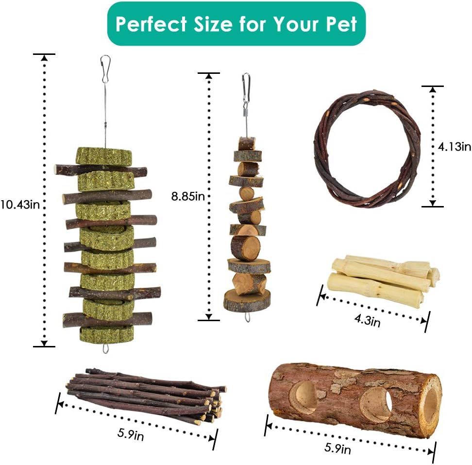 ERKOON New 12 Pack Hamster Chew Toys Gerbil Rat Guinea Pig Chinchilla Chew Toys Accessories, Natural Wooden Dumbbells Exercise Bell Roller Teeth Care Molar Toy for Rabbits Bird Rabbits Hamster Gerbil