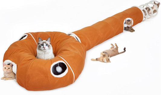 Ownpets 2-in-1 Cat Tunnel Bed, Lollipop Shape Large Cat Tunnel Toy, Plush Foldable Cat Cave Hideout Donut Tunnel for Kitten Rabbit Ferret, Brown