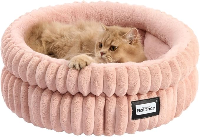 BALANCE Cat Bed Kitten Bed, Washable Round Cat Beds for Indoor Cats,Super Soft Plush Faux Fur Pet Bed for Puppy and Kitten with Anti-Slip Bottom