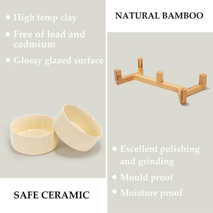 SPUNKYJUNKY Ceramic Dog and Cat Bowl Set with Wooden Stand, Modern Cute Weighted Food Water Set for Small Size Dogs (13.5OZ) & Medium Sized Dogs (28.7OZ) & Cats (3.6 Cups, 2 × Beige)