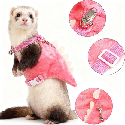 Ferret Leash and Harness Set, Dinosaur Design Small Animal Harness with Leash, Adjustable & Escape-Proof, Soft Plush Comfort for Rabbits, Kitten, Bunny, Hedgehog (Pink)
