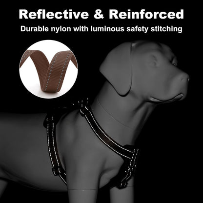 Plutus Pet Adjustable No Pull Dog Harness with Leather Accents, Heavy Duty Reflective Nylon Vest for Training, Hiking, Easy Walk Harness for Small, Medium, Large Dogs (Chocolate, L)