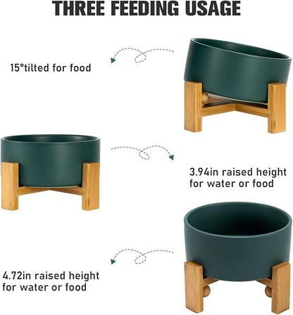 SPUNKYJUNKY 15° Slanted Ceramic Dog and Cat Bowl with Wooden Stand, Tilted Bulldog Food and Water Bowl No Slip Non-Spill for Cats Medium Dogs Big Face Pets 28.7 OZ (3.6 Cups, Green)