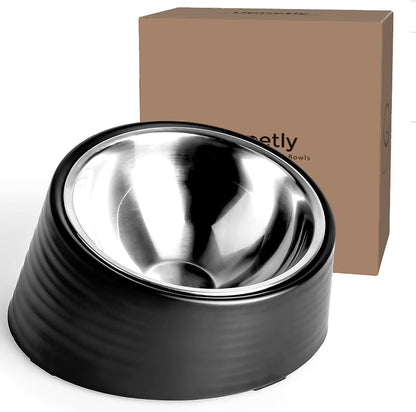 Tilted Slanted Dog Bowl 1 Cup, 15° Tilted Stainless Steel Dog Cat Food Bowl, Non-Slip & Non-Spill Pet Feeder with Elevated Detachable Melamine Stand, Easy to Get Food Dish, Medium Black