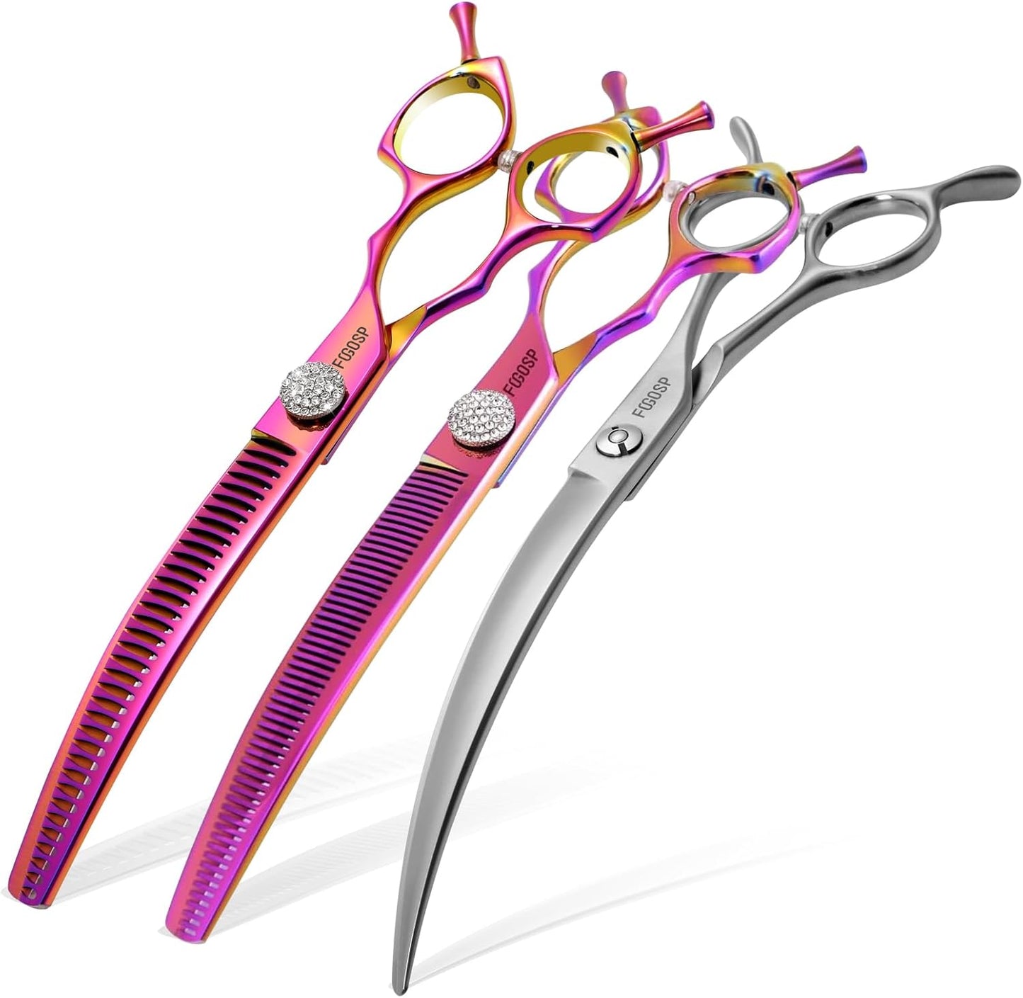 45°Curved Dog Grooming Scissors Curved Thinning Shears Curved Chunkers Dog Shears 3Pcs Combo (RoseRed)