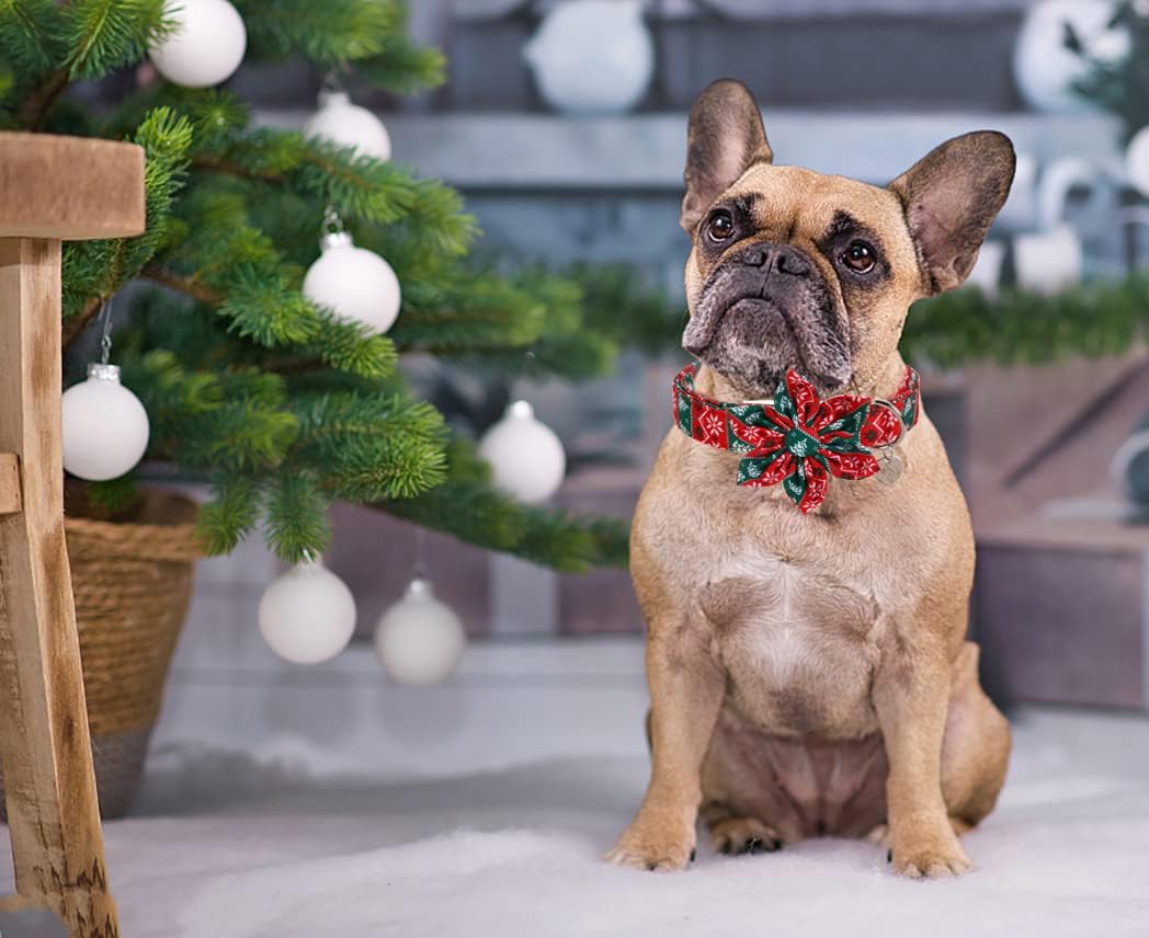 DOGWONG Christmas Dog Collar with Flower, Red Green Strip Snowflake Dog Collar Soft Durable Adjustable Cotton Puppy Collar for Small Medium Large Dog