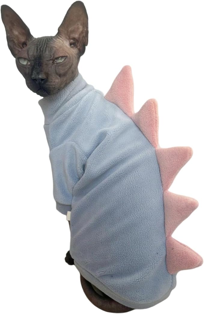 Dinosaur Sphynx Cat Clothes, Soft Polar Fleece Sweater for Cat, Elastic Pet Clothes Thick Winter Warm Outfit for Hairless Cat, Devon, Cornish, Small Dogs Apparel with Sleeves (Sky Blue, Small)