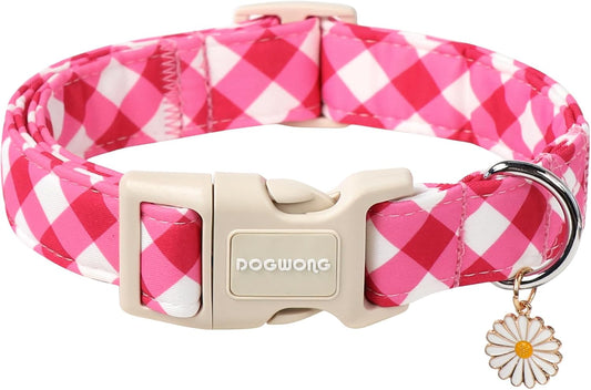 DOGWONG Pink Plaid Dog Collar, Pink Dog Collar Adjustable Soft Natural Fabric Girl Pet Dog Collars Cute Puppy Necklace for Small Medium Large Dogs