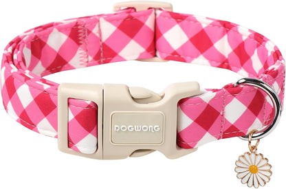 DOGWONG Pink Plaid Dog Collar, Pink Dog Collar Adjustable Soft Natural Fabric Girl Pet Dog Collars Cute Puppy Necklace for Small Medium Large Dogs