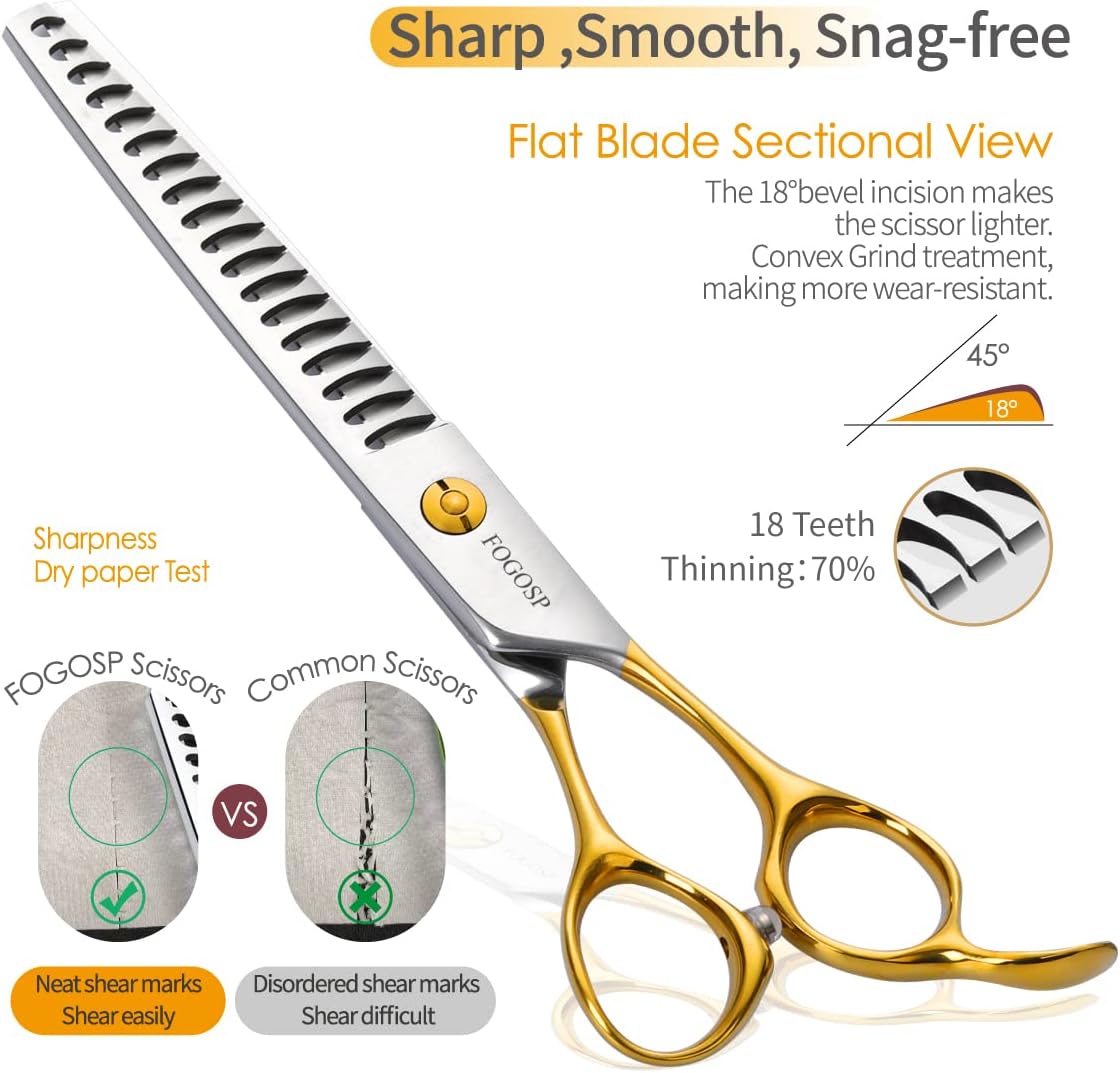 Dog Thinning Shears for Grooming 6.75" Chunker Shears Quickly Thinning Thick Hair Professional Dog Grooming Scissors for Small Dogs Right Handed Groomer Japan 440C 18 Teeth(Chunker, Gold)