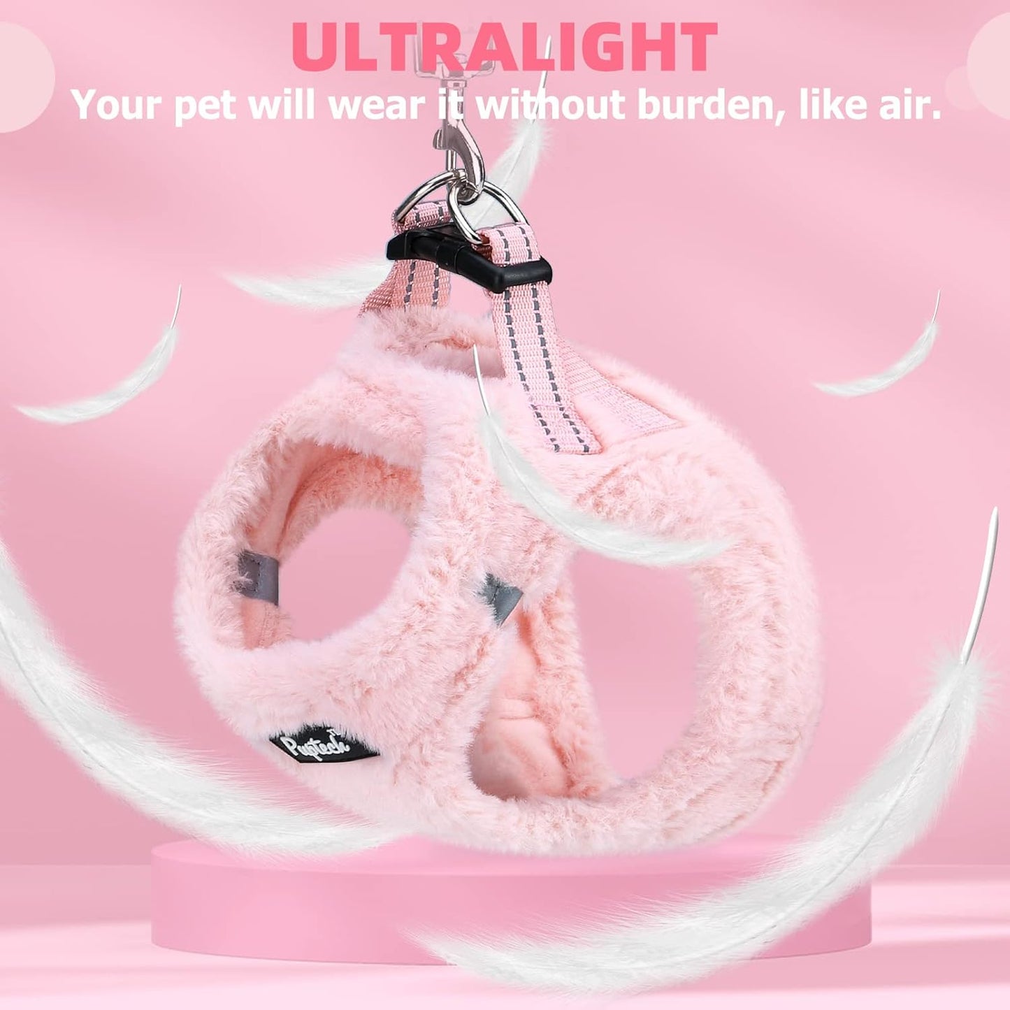PUPTECK Adjustable Dog Harness Collar and Leash Set Step in No Pull Pet Harness for Small Medium Dogs Puppy and Cats Outdoor Walking Running, Soft Mesh Padded Reflective Vest Harnesses, Plush Pink XS