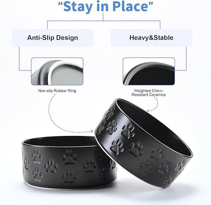 SPUNKYJUNKY Ceramic Dog and Cat Bowls 2 Pack, 6.1'' Dog and Cat Food Water Double Feeding Bowls Non-Slip for Large Sized Breed Microwave Dishwasher Safe - 28.7 OZ, 2pcs, Paw Black