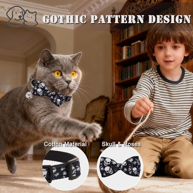 3 Pack Halloween Cat Collar with Detachable Bow Tie & Bell - Breakaway Adjustable Kitten Collars with Skull Gothic Bat Spider Web Pattern for Indoor Outdoor Cats (White, Pink, Black)