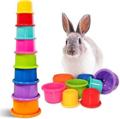 8 Pcs Stacking Cups for Small Animal Toys,Nesting Rabbit Toys of Different Sizes,Safe Plastic Colorful Nesting Toys for Bunny Guinea Pig Hiding Food and Playing (Bright Colors)