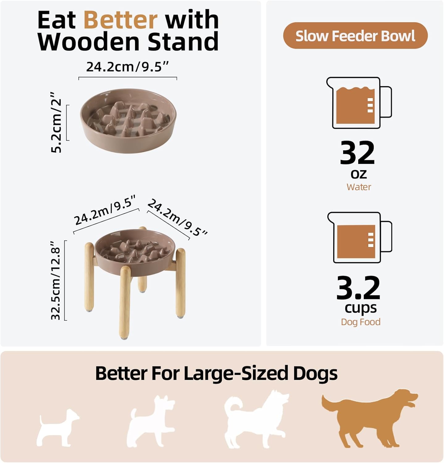 Ceramic 3.2 Cup Dog Raised Slow Feeder Set, Elevated Bowl with Wooden Stand for Large Dog, 9.5inch Slow Feeder Dish for Fast Easters, Anti-Gulping(Brown Coffee, Single Bowl+ Stand)