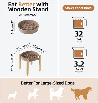 Ceramic 3.2 Cup Dog Raised Slow Feeder Set, Elevated Bowl with Wooden Stand for Large Dog, 9.5inch Slow Feeder Dish for Fast Easters, Anti-Gulping(Brown Coffee, Single Bowl+ Stand)