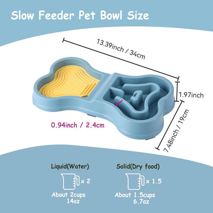 Bone Slow Feeder Bowl for Dogs Cats - 2-in-1 Lick Mat & Water Dish with 6 Non-Slip Pads, Food-Grade PP & Silicone Pet Bowl for Anti-Choking，Fun Feeding，Anxiety Relief (Wathet Blue)