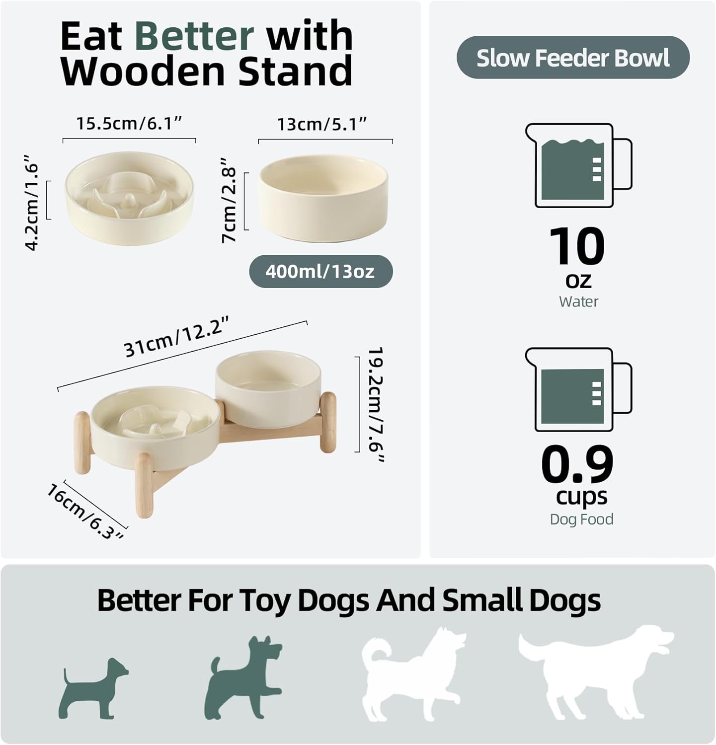Ceramic 0.9 Cup Raised Slow Feeder Dog Bowl Set, Elevated 5.1inch Water Bowl and 6.1inch Puzzle Slow Pet Food Dish with Wooden Stand for Small Dog and Cat, Anti-Gulping (2 x Beige+ Stand)