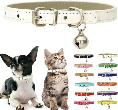 White XS Dog Collar with Bell, Soft Pu Leather Cat Collars Adjustable Buckle for XXS Extra Small Medium Tiny Female Male Boys Girls Pets Puppy Kitten Teacup Yorkie X-Small