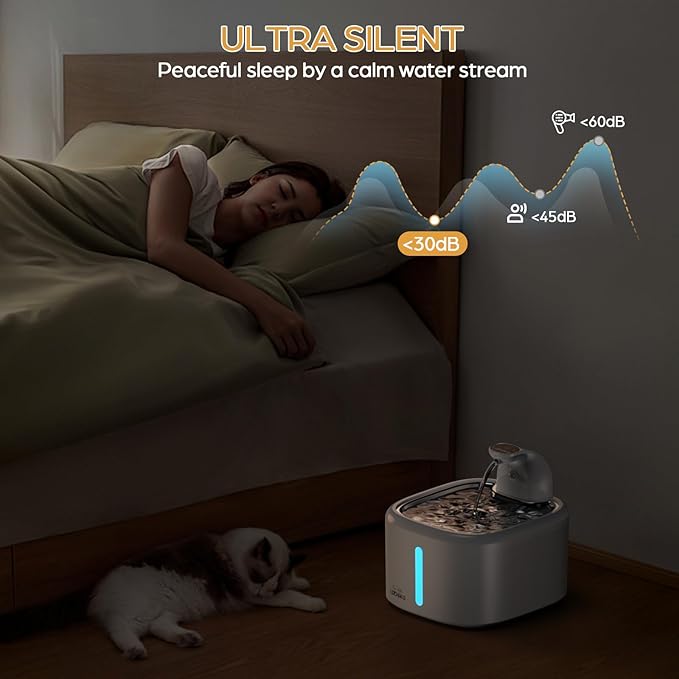 Wireless Cat Water Fountain, 118oz/3.5L Battery Operated Cat Fountain with Stainless Steel Tray, Ultra Quiet with Motion Sensor Automatic Pet Water Dispenser (White, Medium)