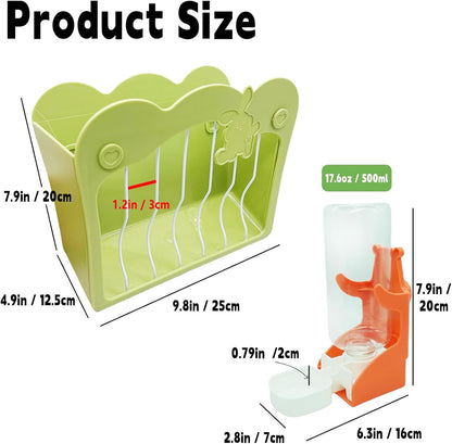 Hamiledyi Rabbit Hay Feeder 500ml Hanging Gravity Water Dispenser Guinea Pig Grass Rack Water Bottle Set for Bunny Ferret Chinchilla(Green&Orange)