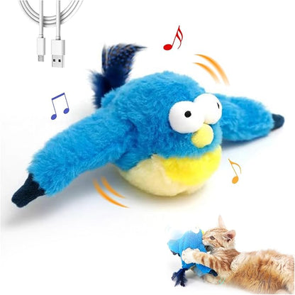 Interactive Chirping Bird Cat Toys with Flapping Wings, 2025 New Flying Birds Cats Toy, Flying Simulation Electric Sparrow Shaking Hunting Pet Toy for Indoor (Blue)