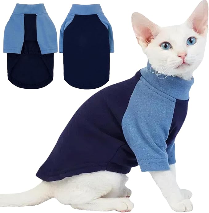 T'CHAQUE Cat Pajamas - Soft Cat Clothes& Shirts & Pajamas with Sleeves, Stretchy Sweater, Pullover Kitten Clothes, Blue, X-Large