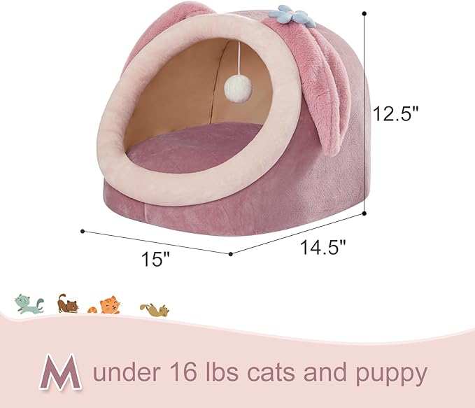 Jiupety Cute Cat Bed for Indoor, Cats Warm Soft Cave Fit for Cat Up to 16 Lb and Puppy, Pink Rabbit, M