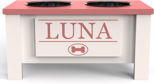 GrooveThis Woodshop - Personalized Elevated Dog Bowl Stand for Large, Medium, Small, X-Small Dogs - Stainless Steel Food and Water Bowls - Raised Dog Dish with Internal Storage (Medium, Magenta)