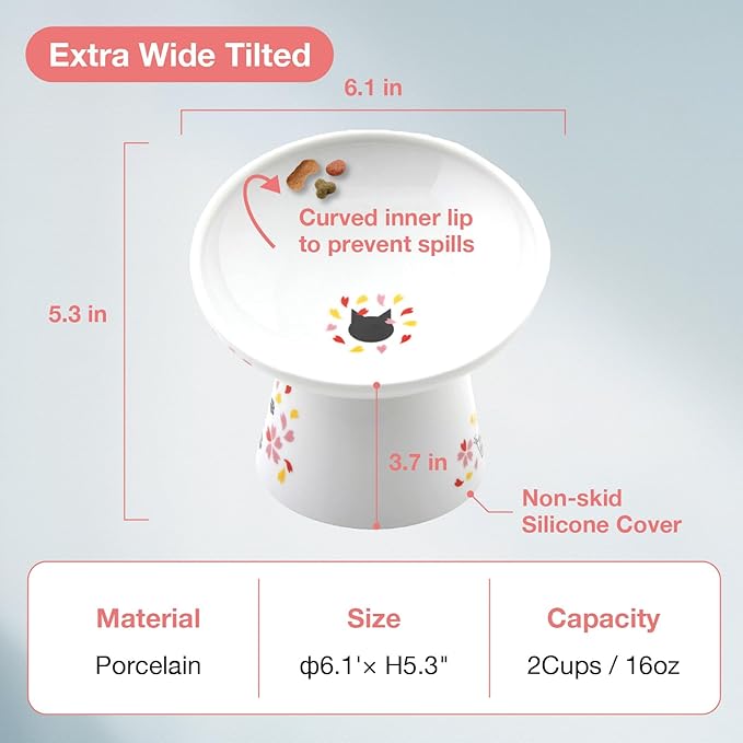 Necoichi Raised Cat Food Bowl – Ceramic Elevated 15° Tilted Cat Bowl for Whisker & Neck Fatigue, Dishwasher Microwave Safe – Non-Slip Anti Vomiting Ergonomic Design (Sakura Floral, Extra Wide Tilted)